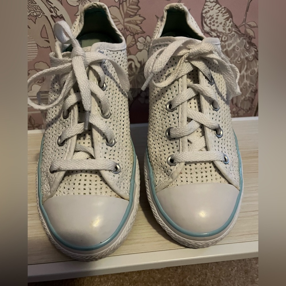 Converse White Perforated Sneakers with Teal Accents